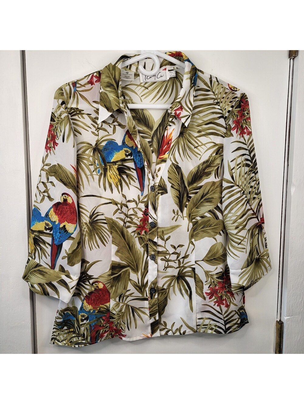 Cathy Che blouse vibrant tropical parrot and palm leaf print with 3/4 sleeves 12